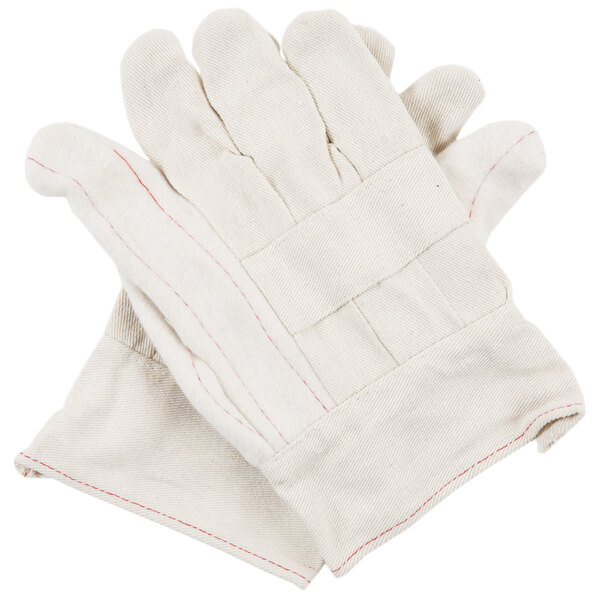 A pair of Cordova heavy weight cotton work gloves with red stitching.