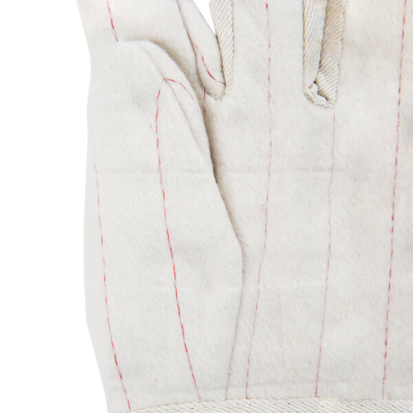 A close up of a Cordova heavy weight work glove with red stitching.