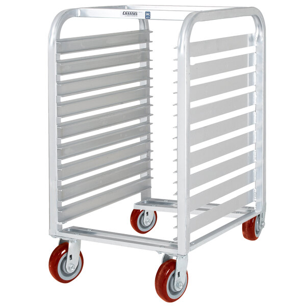 A Channel heavy-duty aluminum sheet pan rack with red wheels.