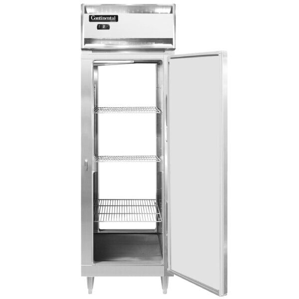 A Continental solid door pass-through freezer with the door open.