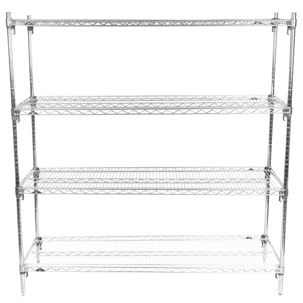 A chrome Metro wire shelving unit with four shelves.