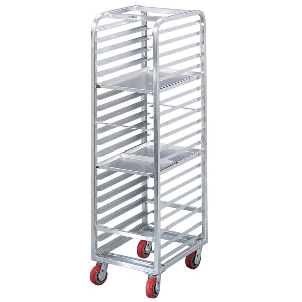 A Channel heavy-duty aluminum sheet pan rack with red wheels.