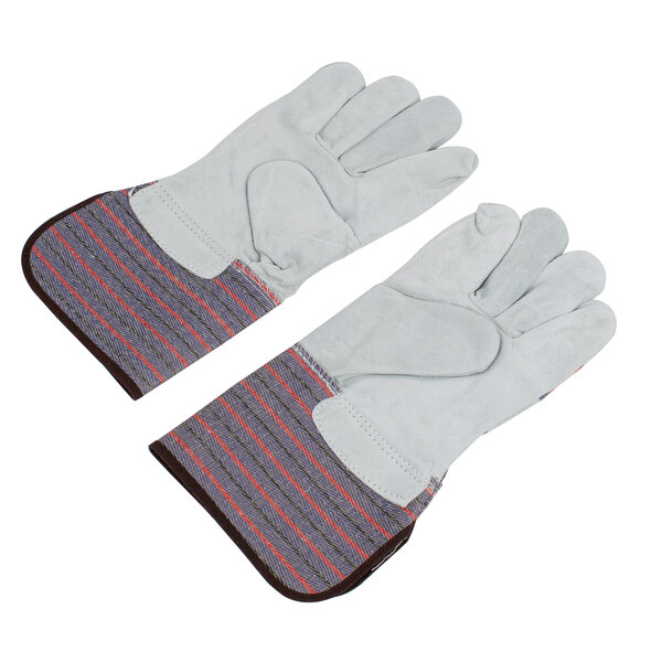 A pair of Cordova striped canvas work gloves with leather palm coating and rubber cuffs, one with red and one with blue stripes.