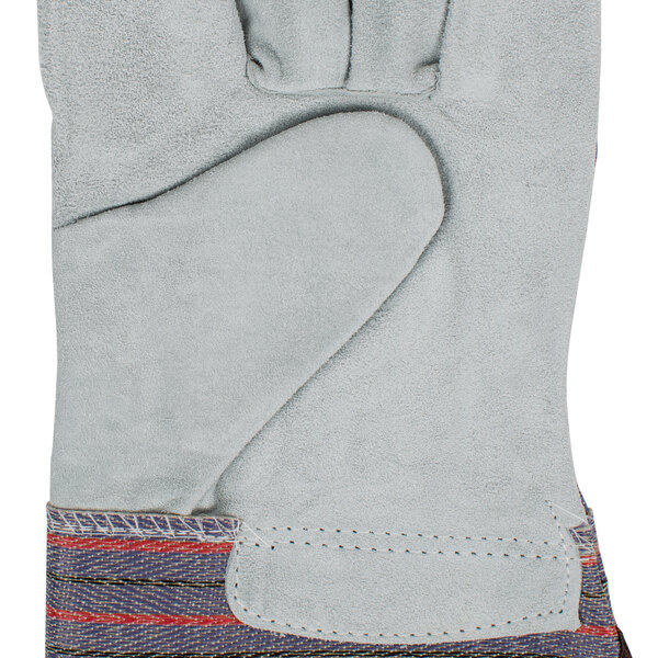 A pair of Cordova medium work gloves with blue striped canvas and leather palms with a blue stripe.