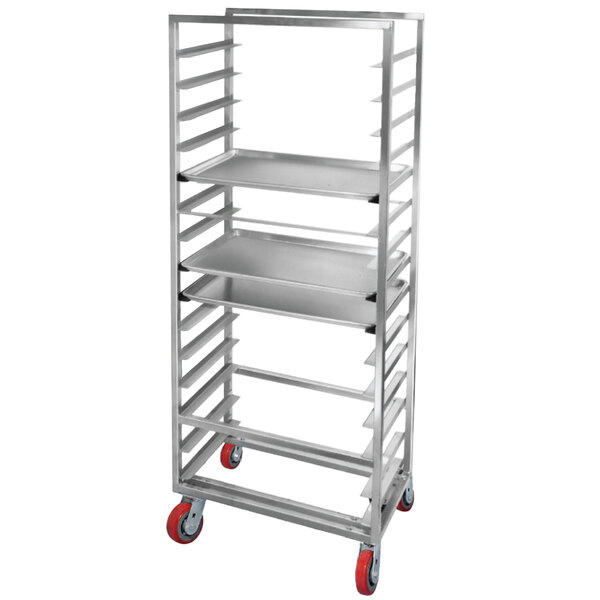 A silver metal Channel sheet pan rack with red wheels.