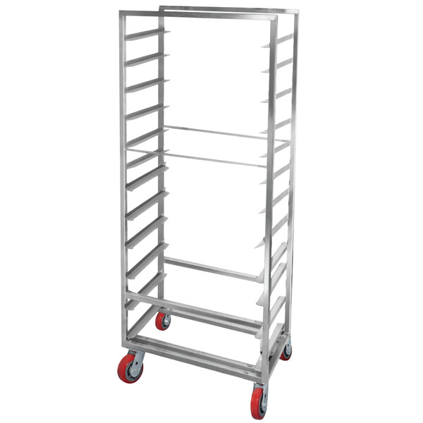 A Channel heavy-duty aluminum sheet pan rack with red shelves and wheels.