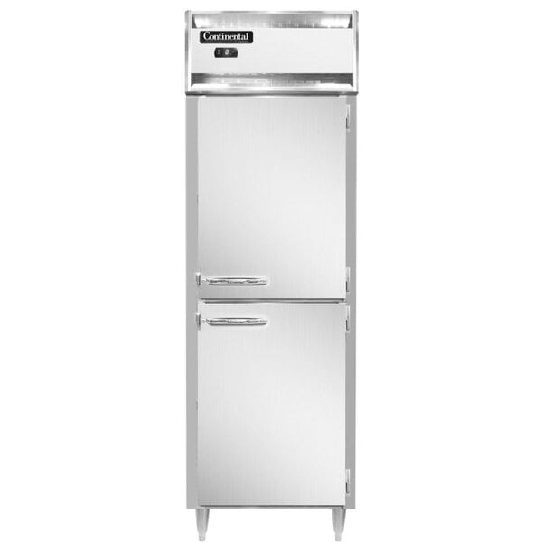 A white rectangular Continental reach-in freezer with two stainless steel half doors.