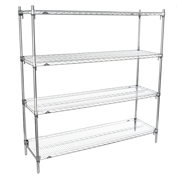A chrome Metro stationary wire shelving unit with four shelves.