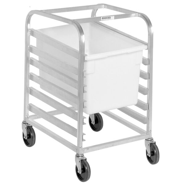 A white plastic tub on a metal rack.