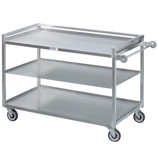 A metal Channel utility cart with three shelves and wheels.