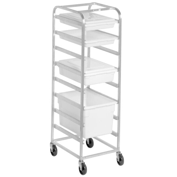 A white plastic container on a metal rack with shelves.
