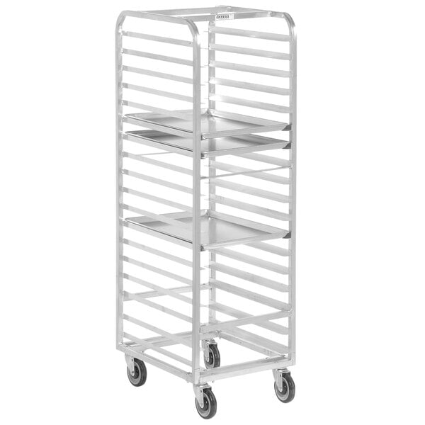 A white metal Channel walk-in sheet pan rack with four shelves on wheels.