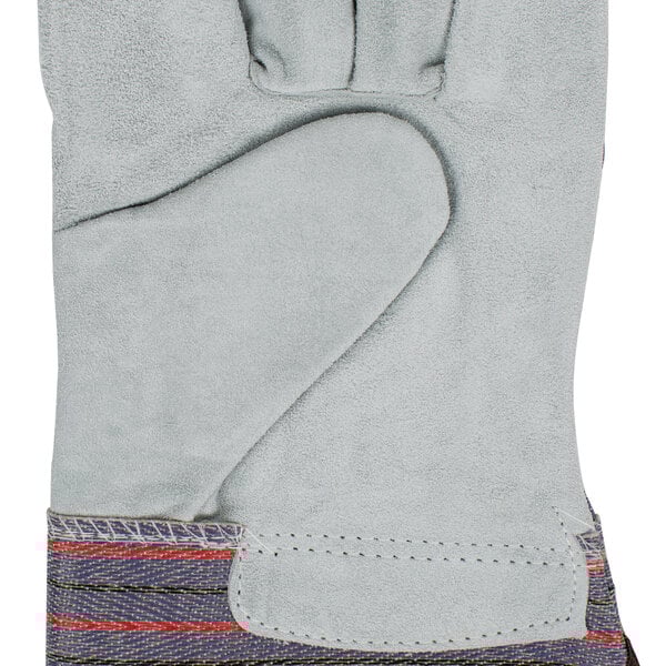 A pair of Cordova leather work gloves with blue stripes and rubber cuffs.