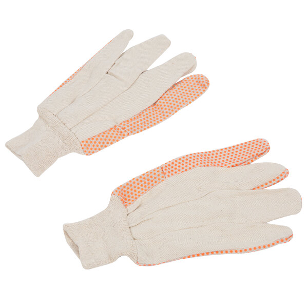 A pair of white Cordova work gloves with orange dots on the palm.