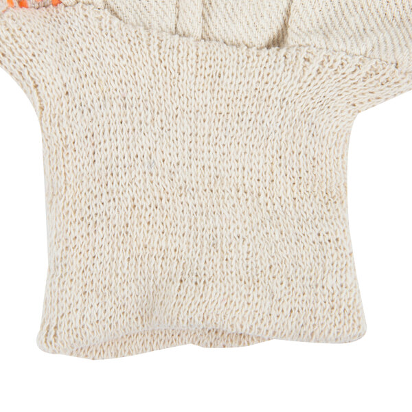 A pair of white knit work gloves with orange PVC dots on the palm.