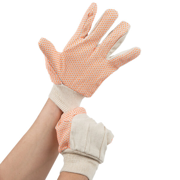 Cordova work gloves with orange PVC dotted palms.