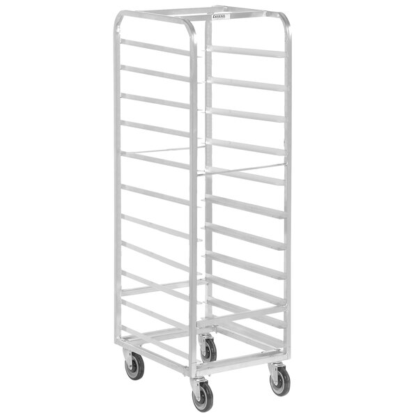 A stainless steel Channel walk-in sheet pan rack with four wheels.