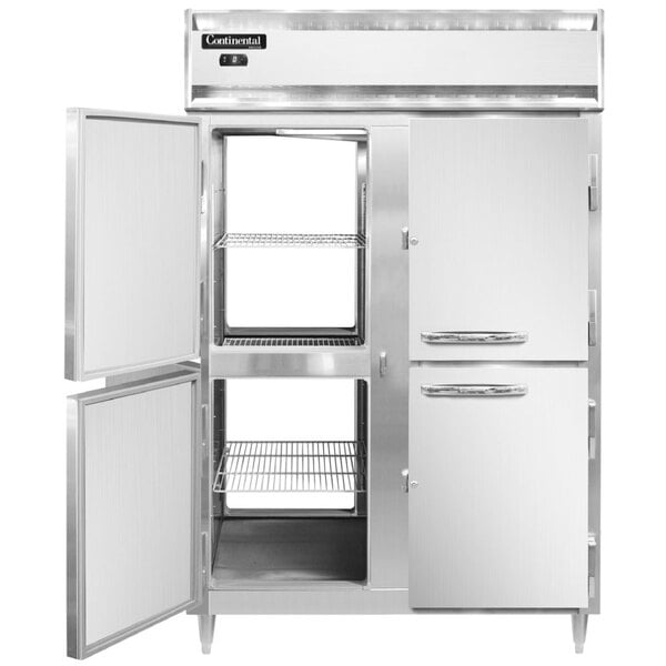 A stainless steel Continental pass-through freezer with two doors open.