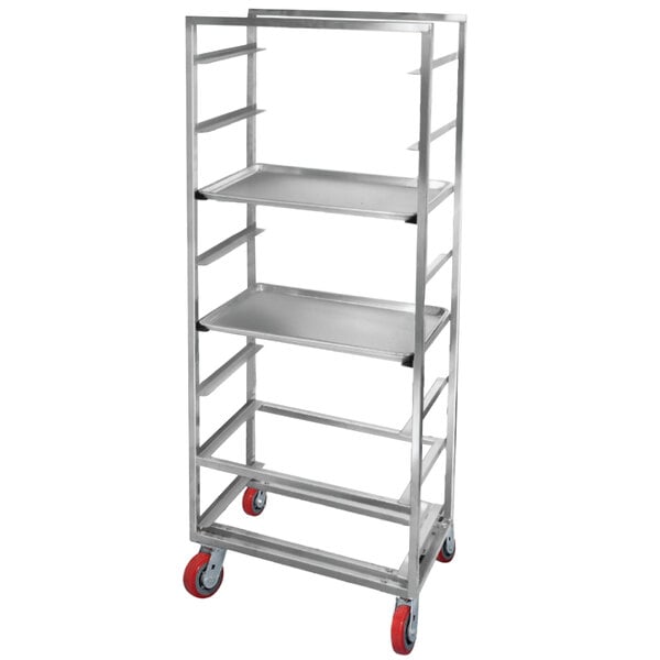 A Channel heavy-duty aluminum sheet pan rack with red wheels.