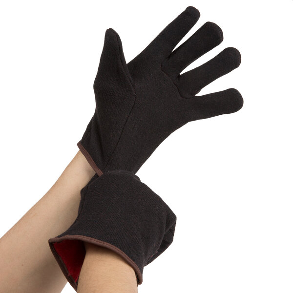 A pair of Cordova brown jersey gloves with red lining.