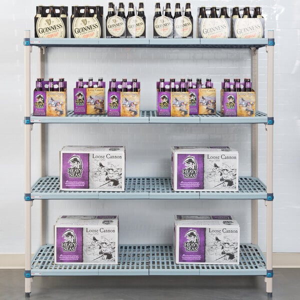 A MetroMax Q shelving unit with boxes and beer bottles on it.