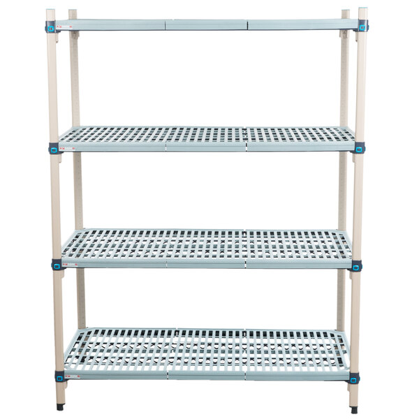 A white MetroMax metal shelving unit with four shelves.