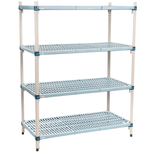 A white MetroMax Q shelving unit with blue shelves.