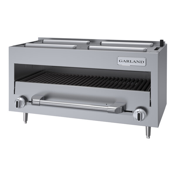 A stainless steel liquid propane countertop infra-red salamander broiler with control knobs and a grill surface, designed for commercial kitchen use.