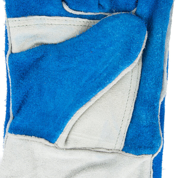 A pair of blue and white Cordova leather welder's gloves.