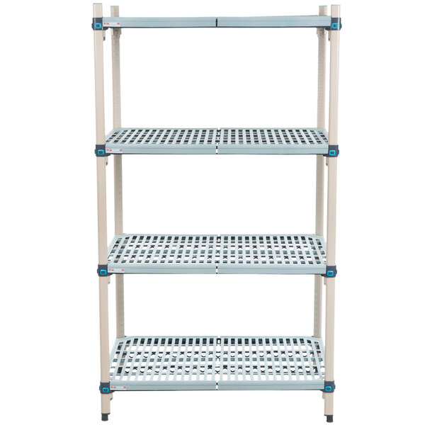 A white metal MetroMax Q shelving unit with four shelves.