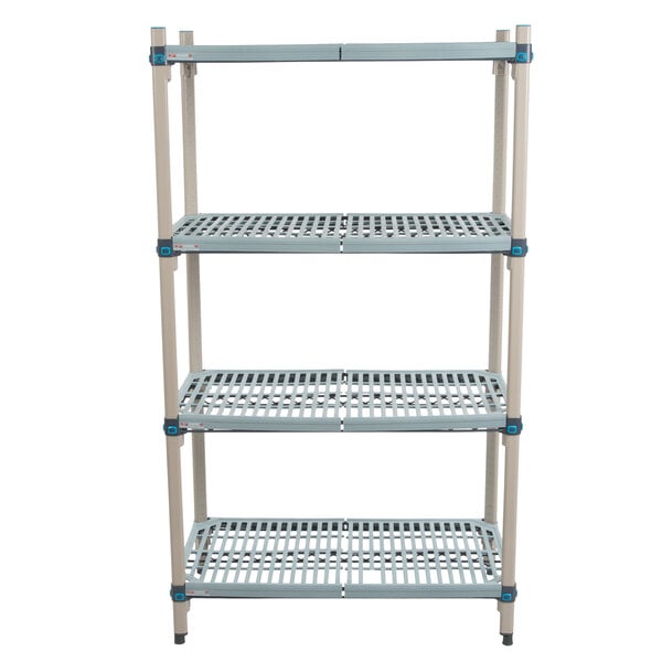 A white MetroMax Q shelving unit with four metal shelves.