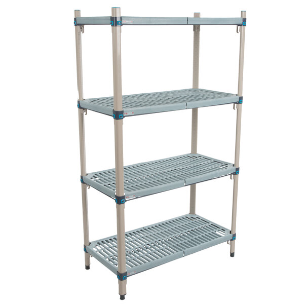 A grey MetroMax Q shelving unit with blue shelves and handles.