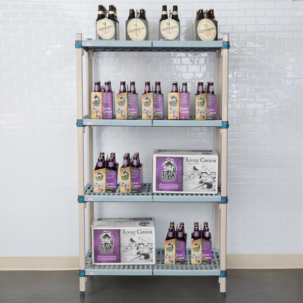 A MetroMax Q shelving unit with bottles and boxes on it.