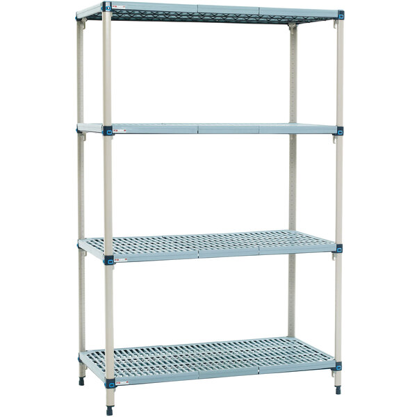 A MetroMax Q blue metal shelving unit with four shelves.