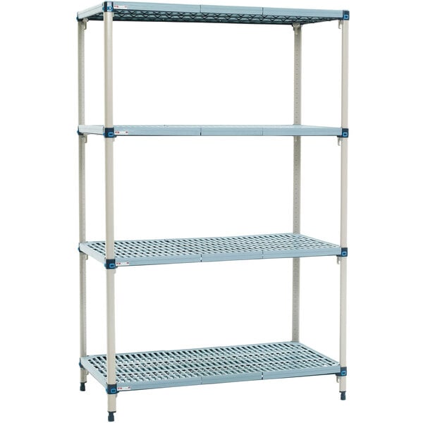 A MetroMax Q blue metal shelving unit with four shelves.