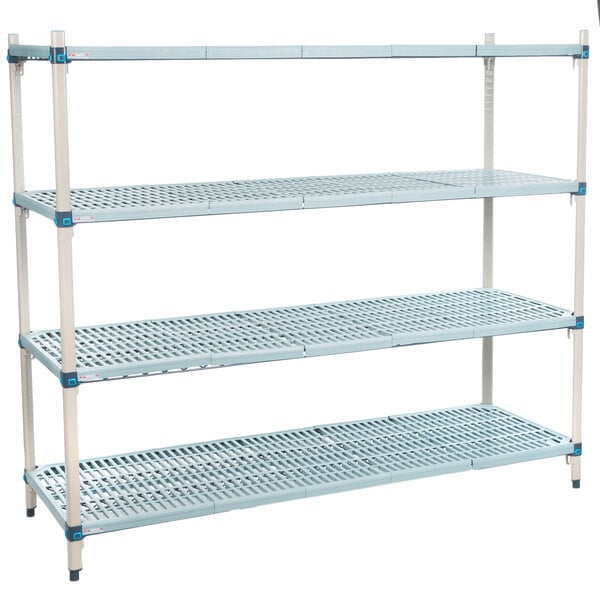 A white MetroMax Q shelving unit with blue shelves and handles.