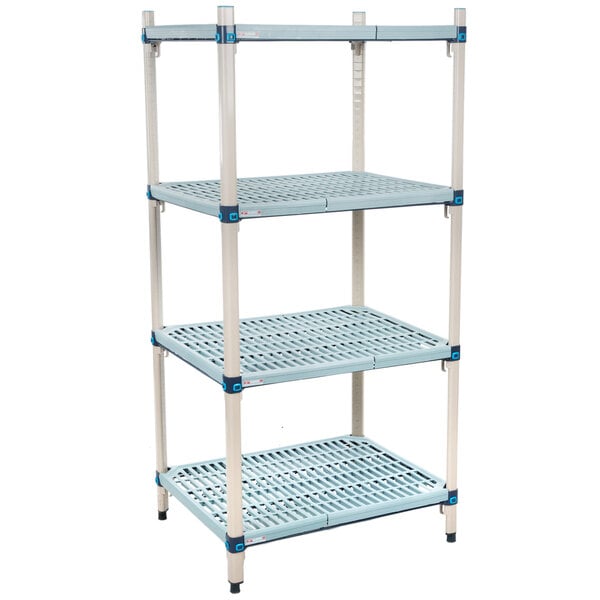 A MetroMax Q three tiered metal shelving unit with blue shelves.