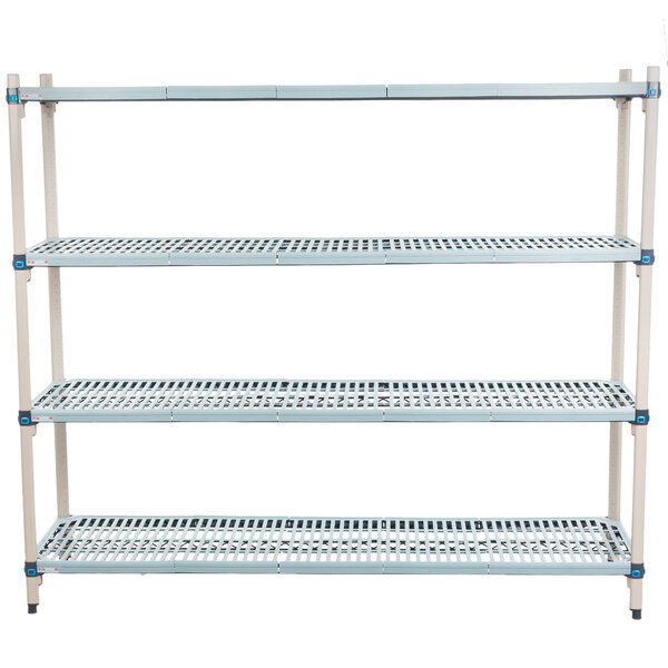 A white MetroMax metal shelving unit with three shelves.