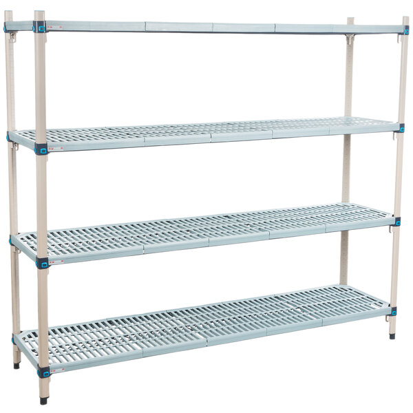 A white MetroMax metal shelving unit with blue shelves.