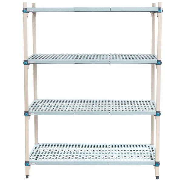 A white MetroMax Q shelving unit with blue and white metal shelves.