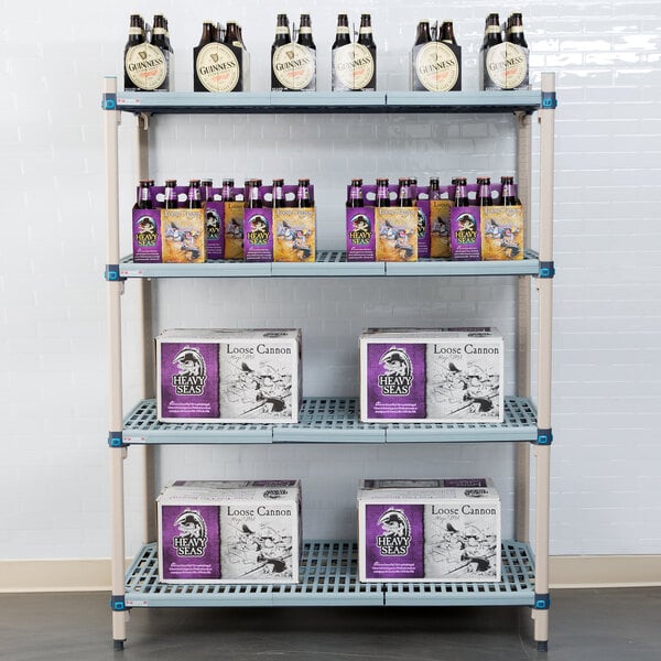 A MetroMax Q shelving unit with boxes and bottles of beer.