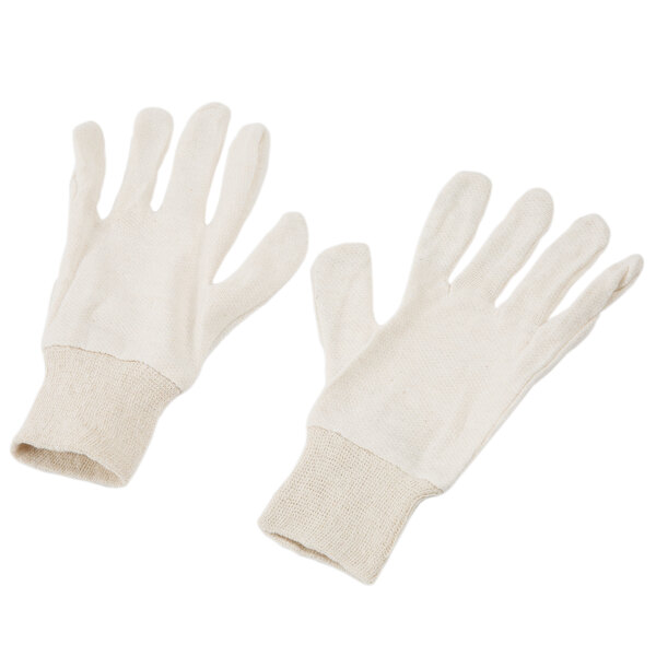 A pair of white Cordova jersey gloves with a brown band.
