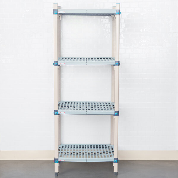 A MetroMax Q shelving unit with white shelves and blue poles on wheels.