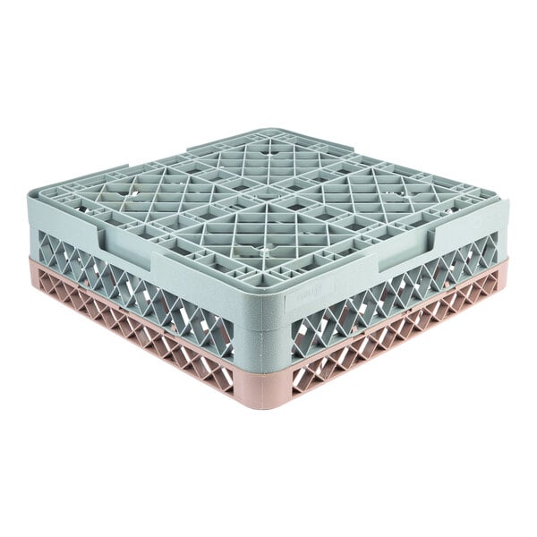 A gray full-size glass rack with 20 compartments and a brown extender.