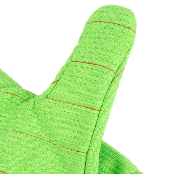 A close up of a lime green Cordova work glove with orange accents.