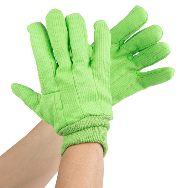 A pair of lime green Cordova work gloves with a white background.