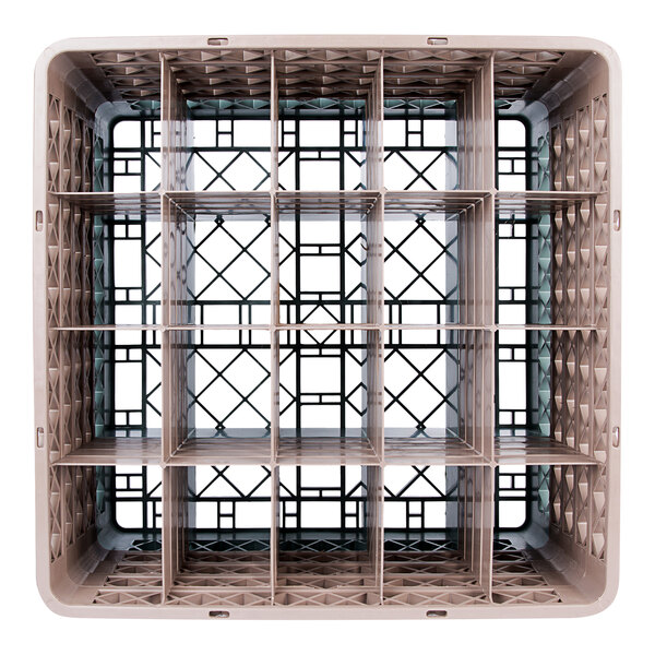 A gray plastic glass rack with 20 compartments and 4 brown extenders.