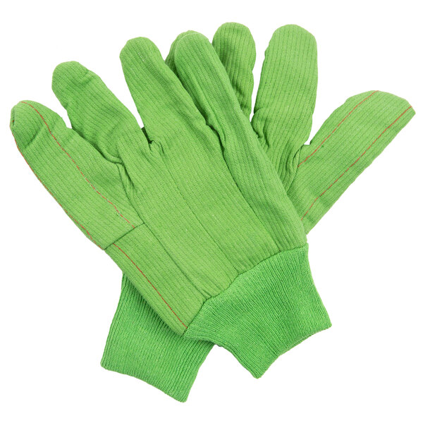 A pair of lime green Cordova work gloves with red stitching.