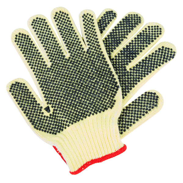 A pair of Cordova heavy duty work gloves with black PVC dots on the palms.