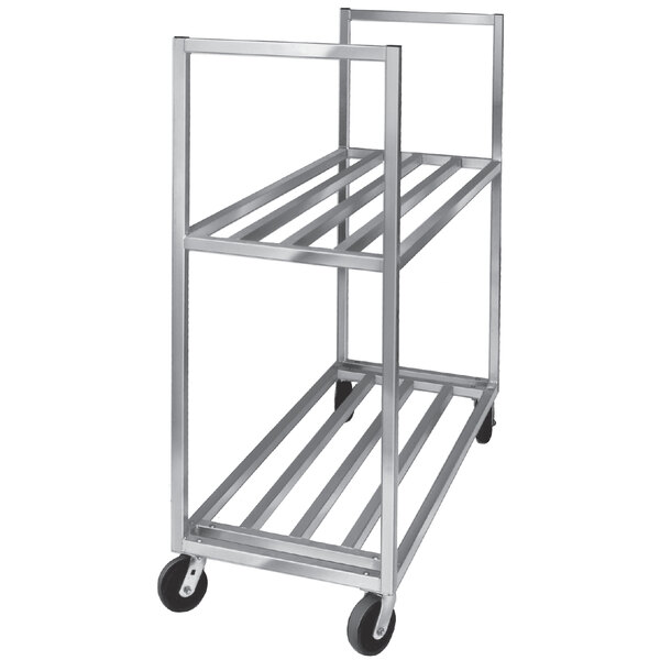 A silver metal Channel utility cart with two shelves and wheels.